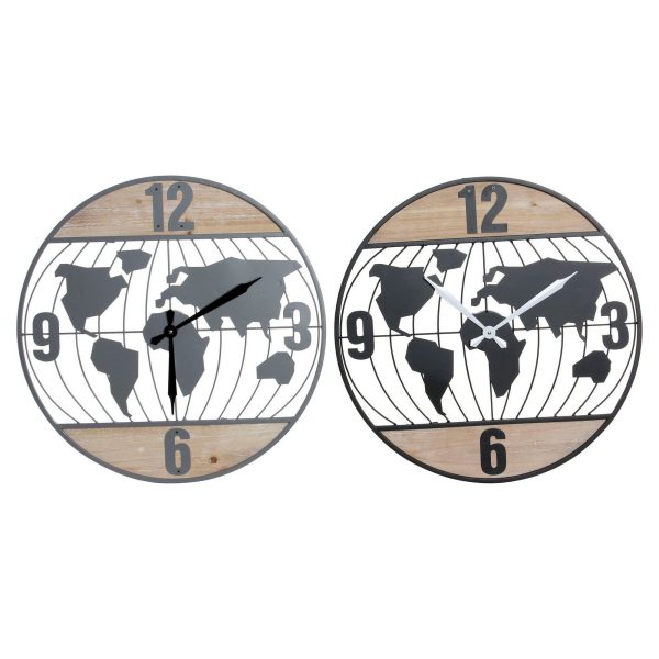 Wall Clock DKD Home Decor Black Grey Iron 60 x 4,5 x 60 cm MDF Wood World Map (2 Units) For Sale