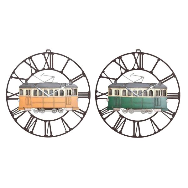 Wall Clock DKD Home Decor 49,5 x 3,5 x 48 cm Metal Green Yellow Vintage Train (2 Units) For Cheap